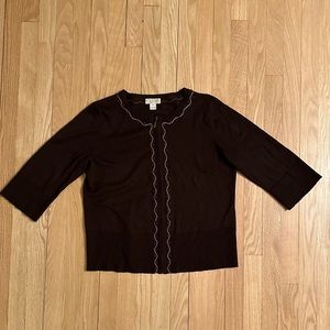 Women’s Full Zip Crew Neck Cardigan, Brown, Wooden Bead Embellishment, Size XL